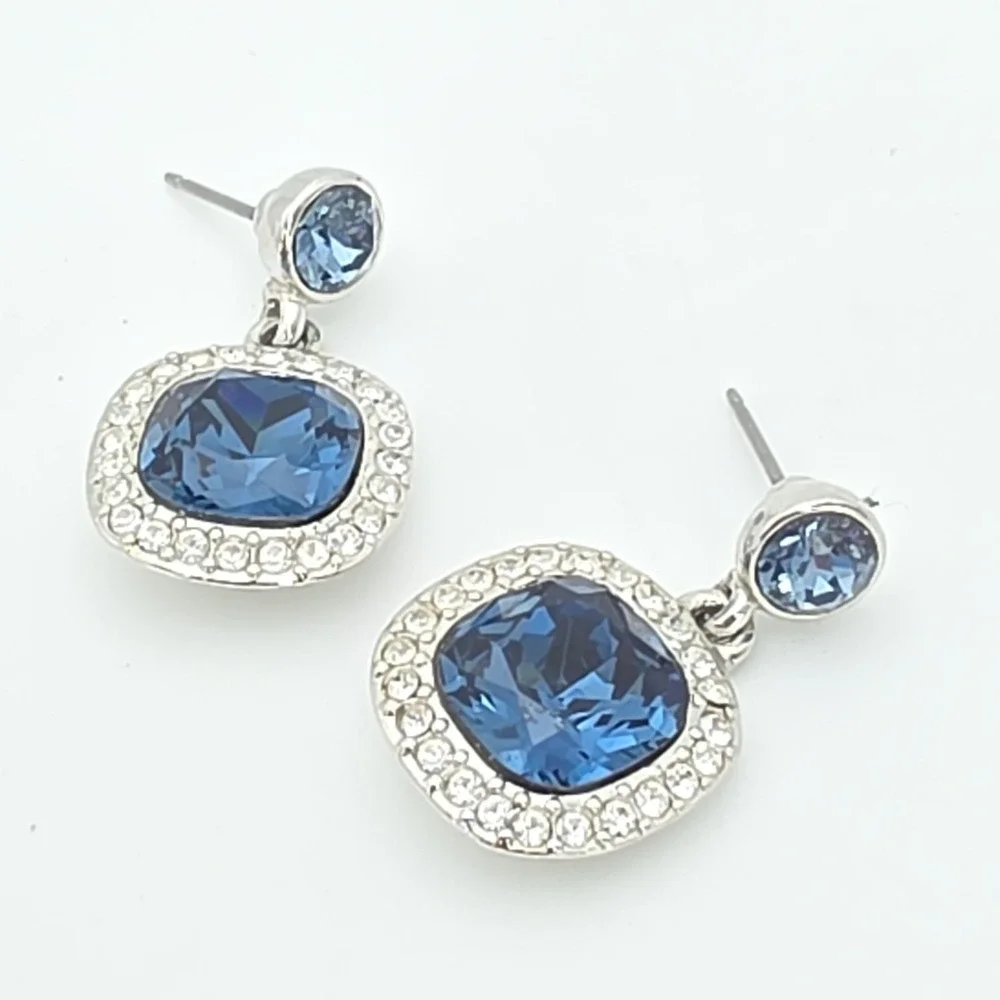 New! GIVENCHY Earrings SWAROVSKI Crystals Blue & Clear‎ Silver Plate Dangle Drop